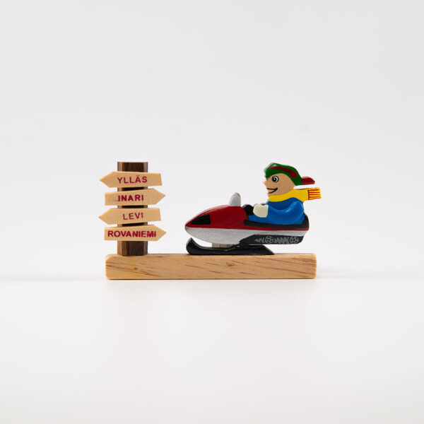 Wooden magnet, snowscooter with sign