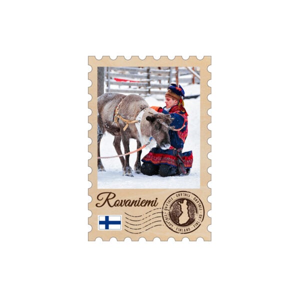 WOOD STAMP MAGNET- ROVANIEMI/ REINDEER W/BOY
